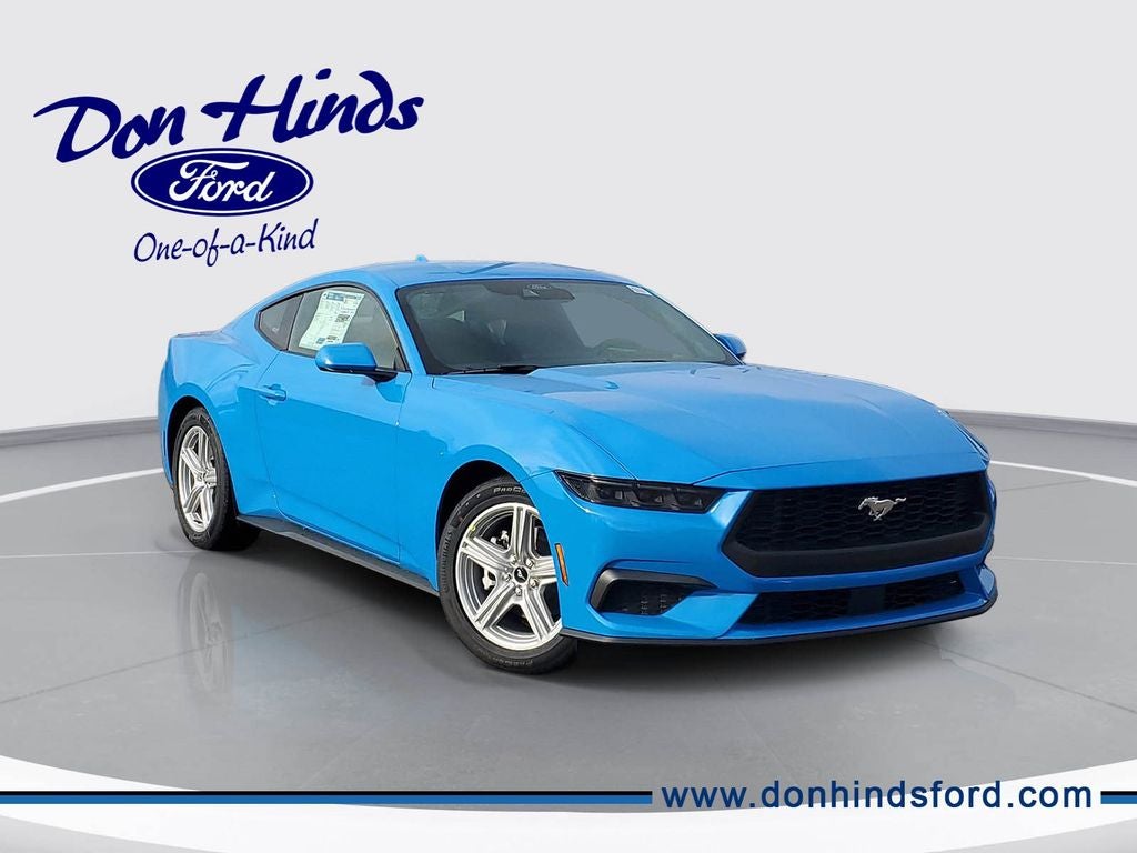 2026 Ford Mustang EcoBoost in Grabber Blue Metallic — front three-quarter view