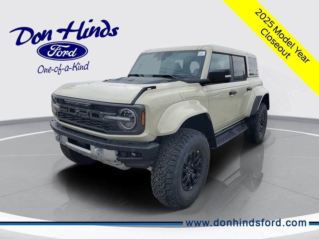 2025 Ford Bronco Raptor in Desert Sand — front three-quarter view