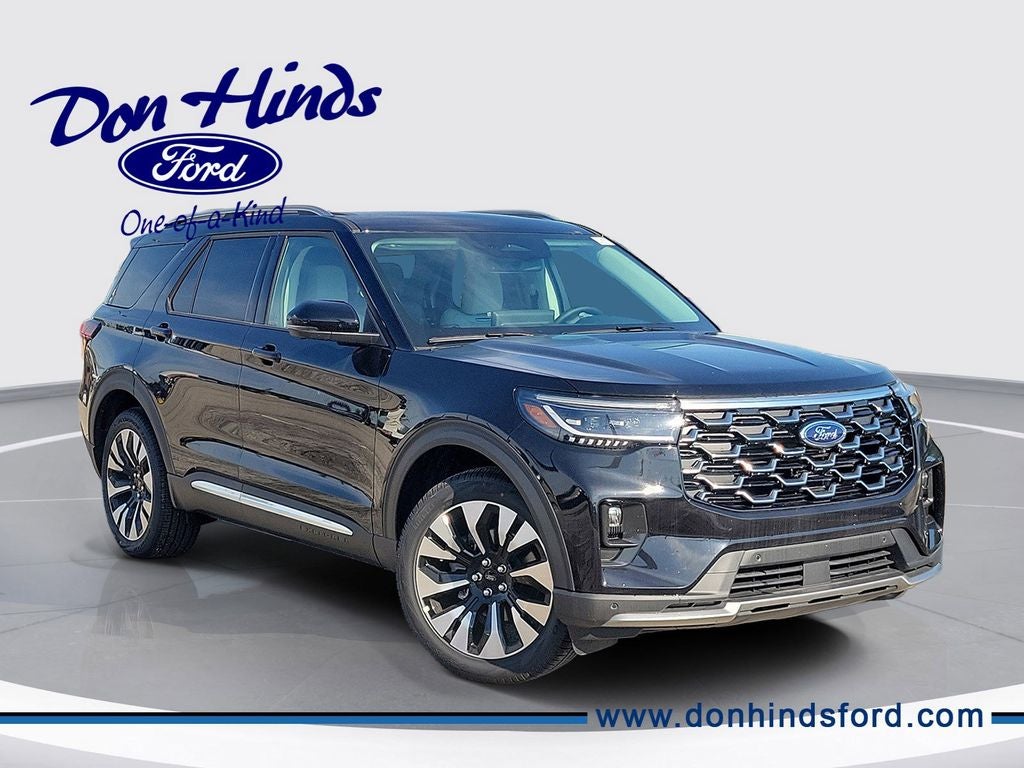 2026 Ford Explorer Platinum in Black Metallic — front three-quarter view