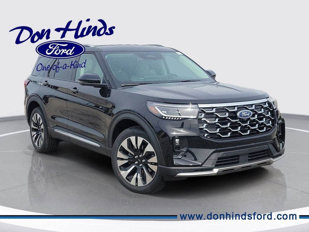 2026 Ford Explorer Platinum in Black Metallic — front three-quarter view