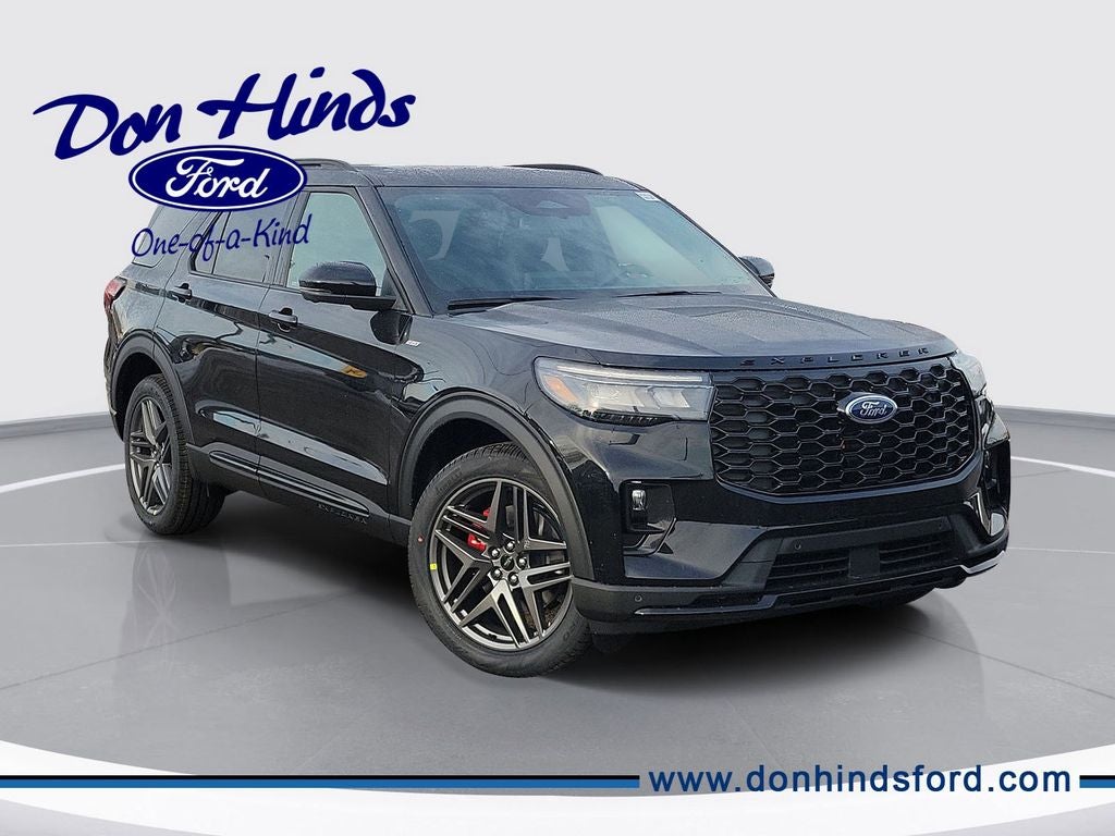 2026 Ford Explorer ST-Line in Agate Black Metallic — front three-quarter view