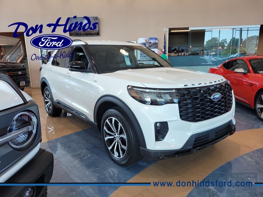 2026 Ford Explorer ST-Line in Star White Metallic Tri-Coat — front three-quarter view