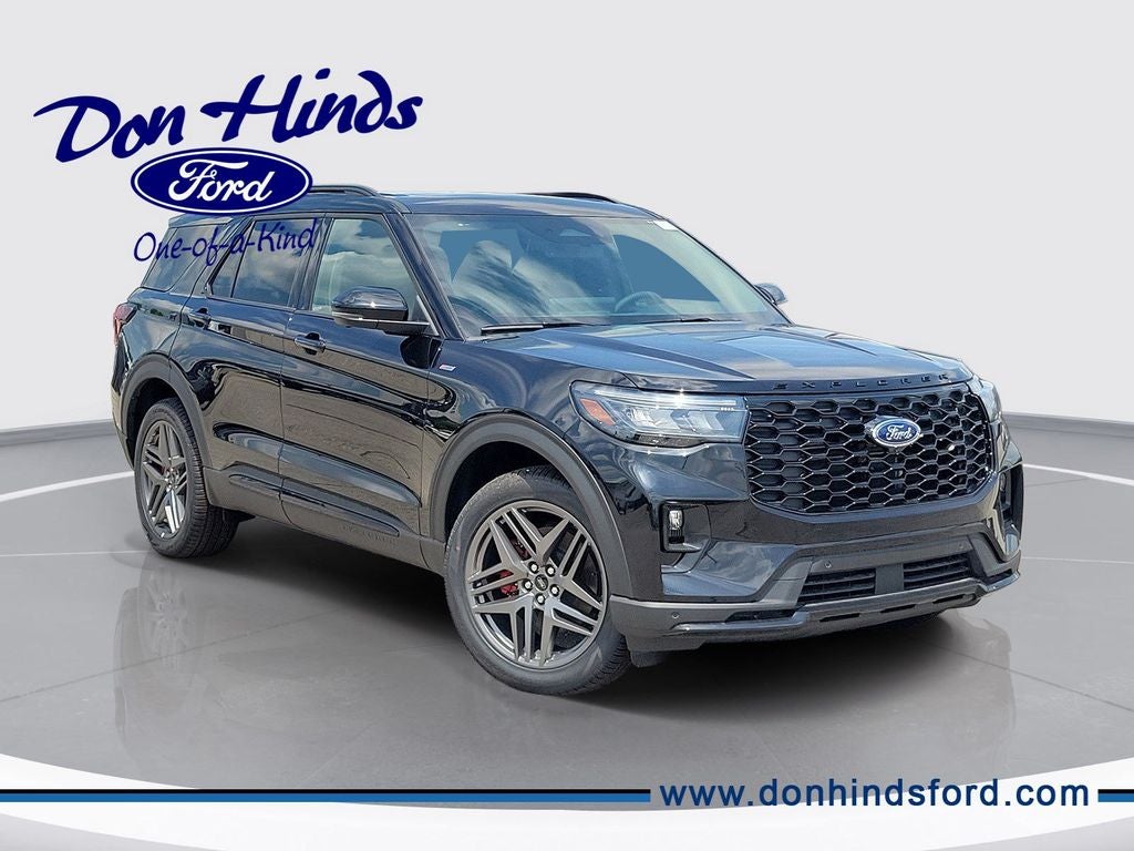 2026 Ford Explorer ST-Line in Agate Black Metallic — front three-quarter view
