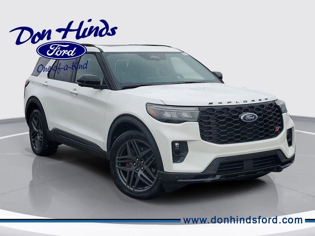 2026 Ford Explorer ST in Star White Metallic Tri-Coat — front three-quarter view