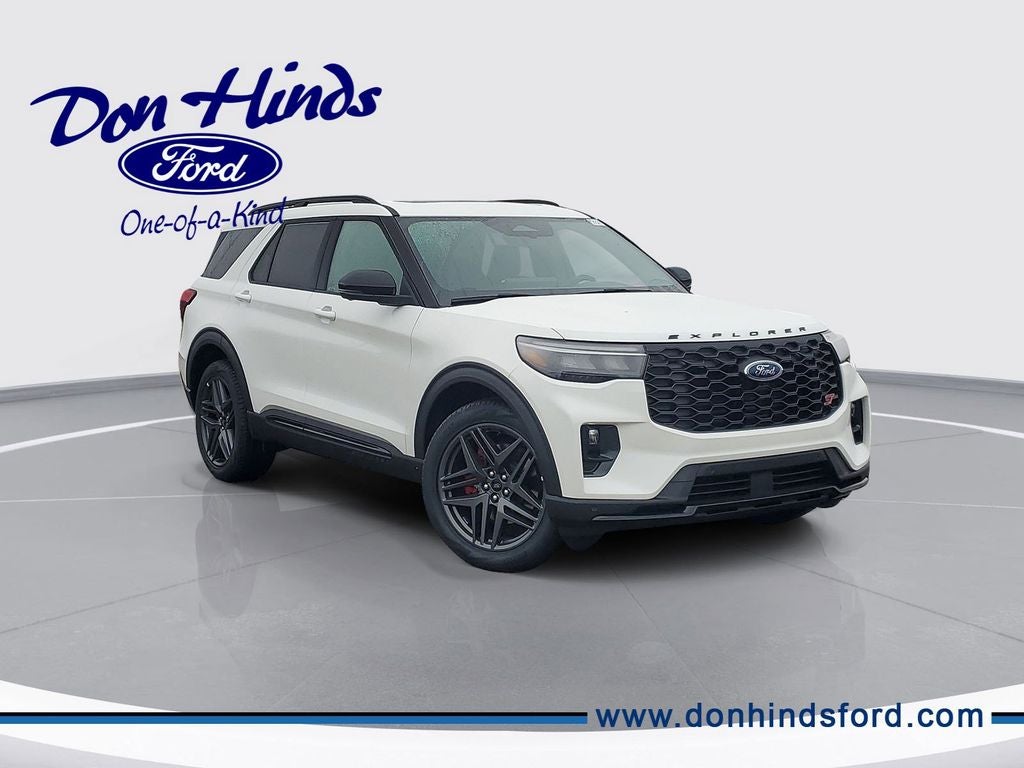 2026 Ford Explorer ST in Star White Metallic Tri-Coat — front three-quarter view