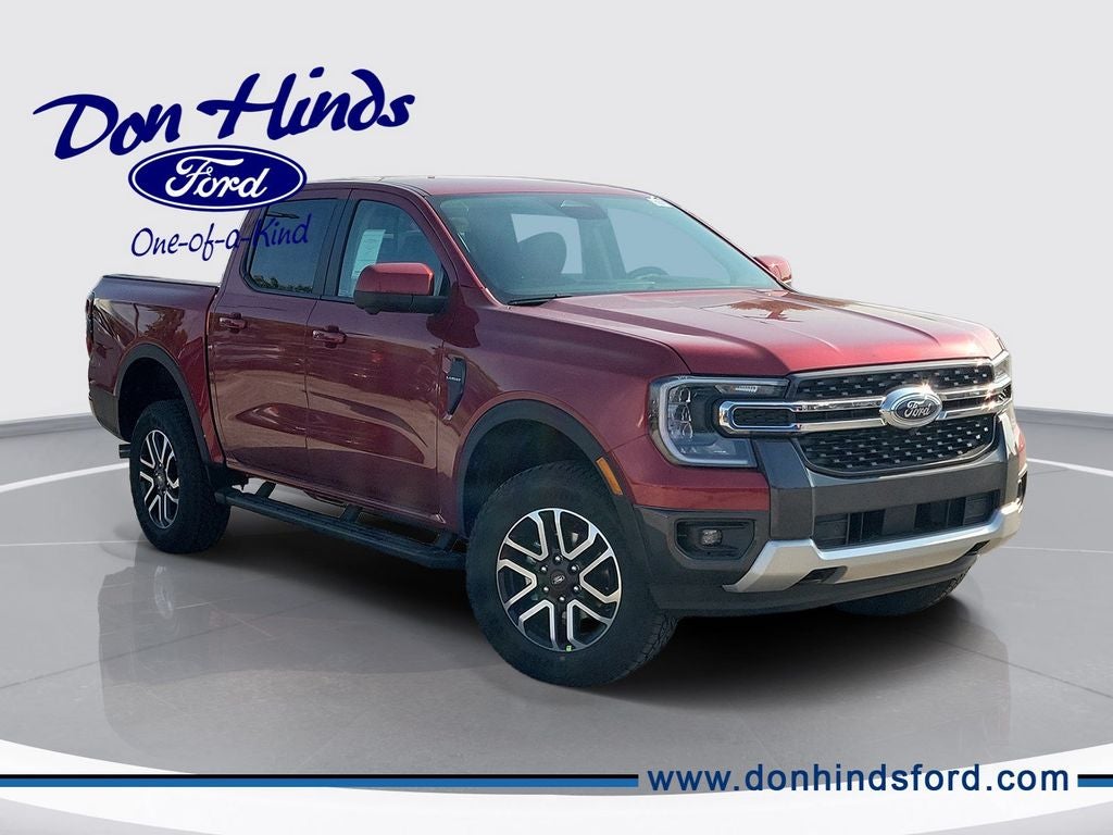 2026 Ford Ranger Lariat in Ruby Red Metallic Tinted Clearcoat — front three-quarter view